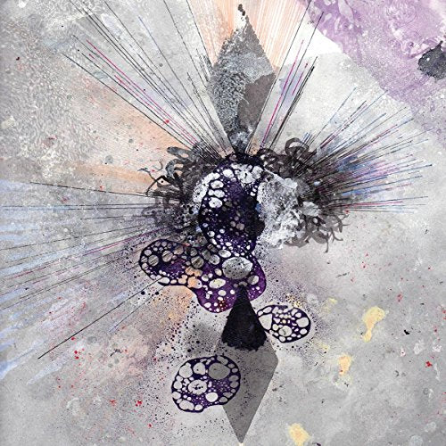 Abstract watercolor painting with purple and gray shapes, radiating lines.