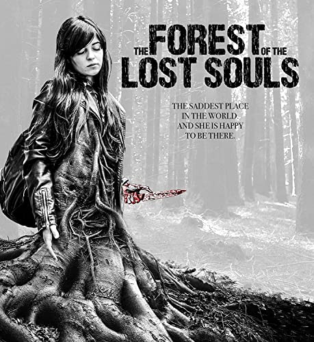 Movie poster: woman in forest with roots, holding a red object.