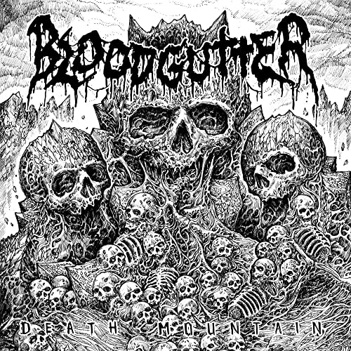Black and white album cover with skulls and mountainous landscape.
