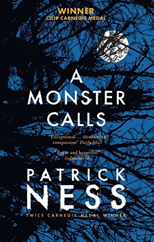 Book cover with white title "A Monster Calls" and author Patrick Ness, against dark blue background.