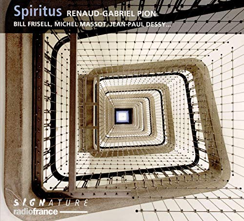 "Album cover featuring a spiral staircase with a grid pattern and artist names."