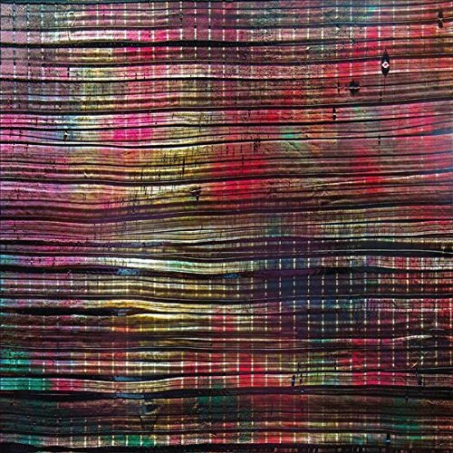 Abstract painting of horizontal, colorful lines resembling electrical wires.
