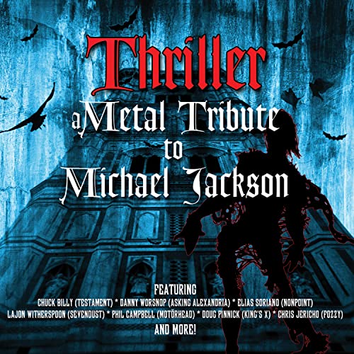 CD cover for "Thriller" metal tribute to Michael Jackson, spooky castle scene.