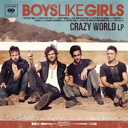 Boys Like Girls "Crazy World" CD cover with band photo and rural background.