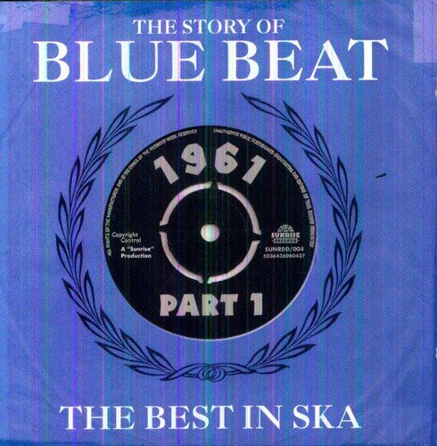 "Blue album cover with vinyl record and laurel wreath, titled 'The Story of Blue Beat'."