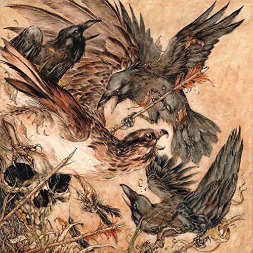 "Album cover art featuring illustration of black birds fighting, with brown and tan hues."