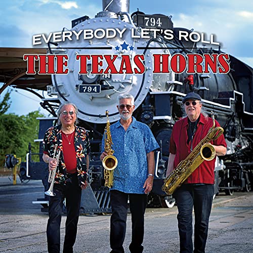 Three musicians with brass instruments stand before a vintage locomotive.