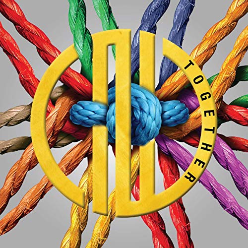 Multicolored ropes tied together with a blue knot, surrounded by a yellow circle with text.
