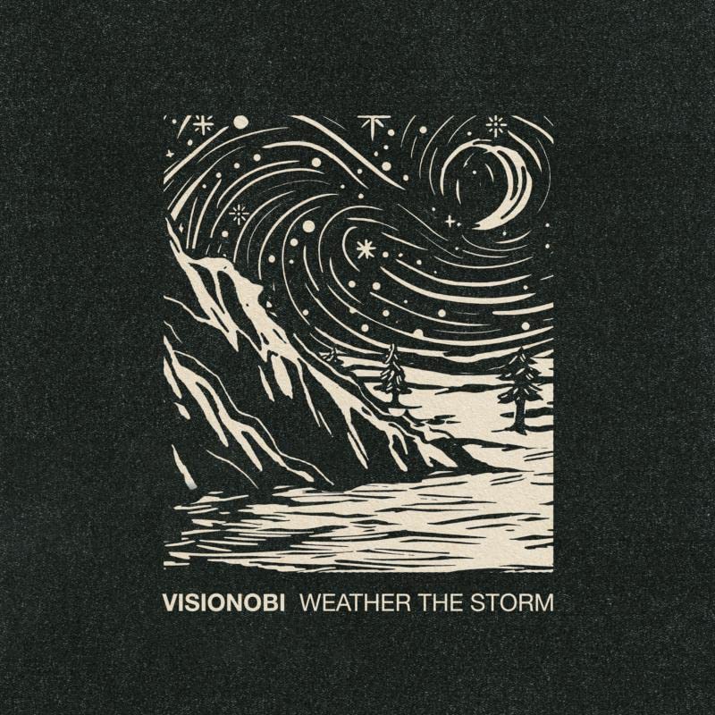Vintage-style illustration of a stormy seascape with mountains and trees.