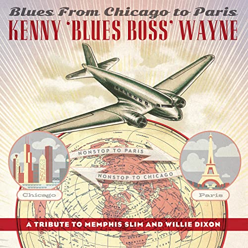 LP cover: airplane over world map with Chicago and Paris landmarks.