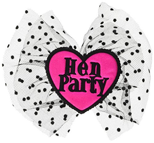 A woman wears a black hair bow with "Hen Party" pink heart and netting.