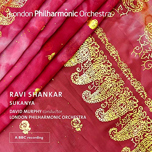 CD cover: red paisley fabric, text “Ravi Shankar Sukanya”, floral design.