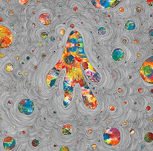 Abstract swirling patterns with a colorful, hand-shaped void in center.