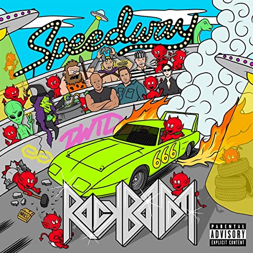 CD cover: Cartoonish race scene with cars, aliens, and devils.
