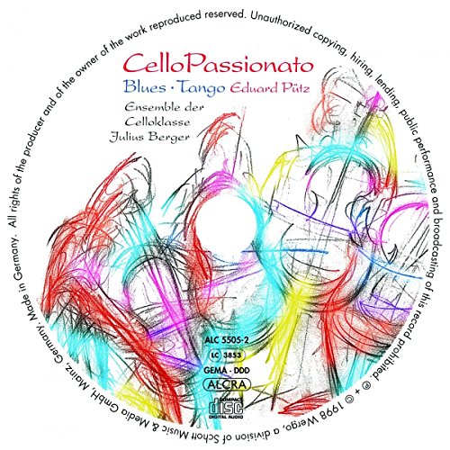 A CD cover with abstract, multicolored scribbles and text "CelloPassionato" on a white background.