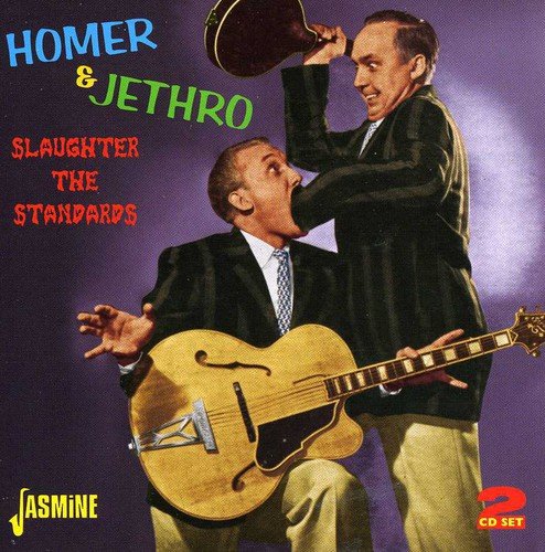 "Album cover featuring two men in suits, one holding a guitar, against a purple background."