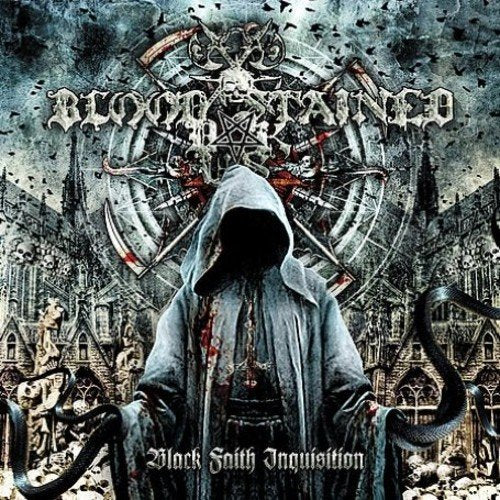 Dark album cover with hooded figure, gothic architecture, and swirling shapes.