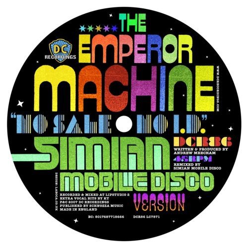 Black vinyl record label with colorful text: "The Emperor Machine - No Sale No ID.