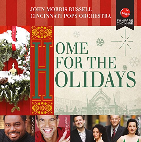 "Christmas album cover featuring 'Home for the Holidays' in green text, with festive decorations."