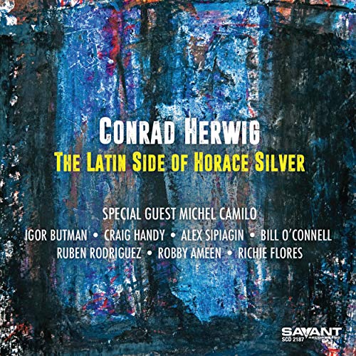 "Album cover with abstract blue background, white and yellow text listing artist and musicians."