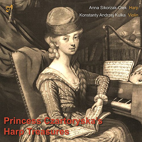 "Sepia-toned CD cover featuring a woman playing a harp, with red and white text."