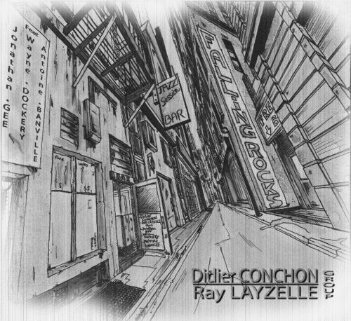"Black and white sketch of a city street with signs and artist names."