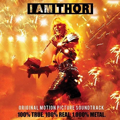 "Album cover featuring a man in metal armor holding a hammer, surrounded by fire."