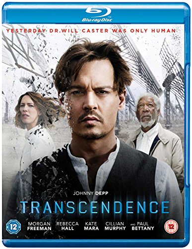 Transcendence" Blu-ray cover featuring Johnny Depp, Morgan Freeman, and Rebecca Hall.