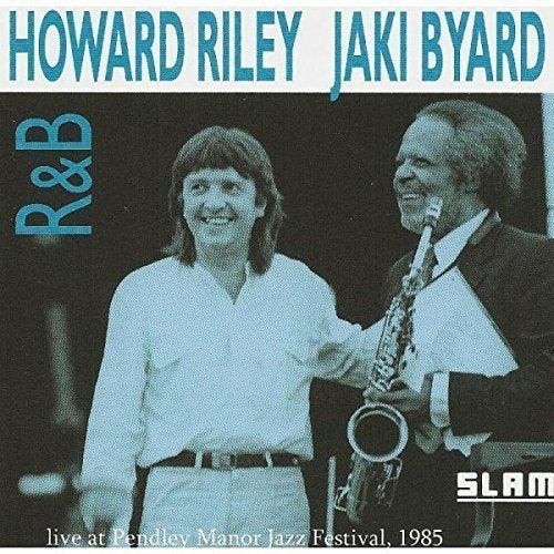 Album cover with two men, one holding a saxophone, in black and white.
