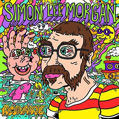 "Album cover featuring cartoon man with brown hair, surrounded by colorful, psychedelic patterns and creatures."