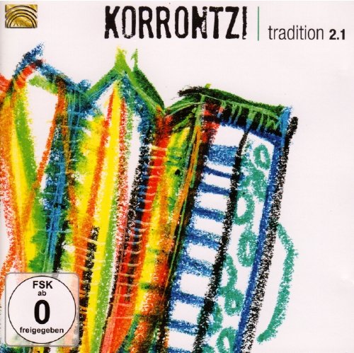 The image is a CD cover with a white background and a colorful, abstract drawing. #### Alt Text: "CD cover with 'Korrontzi' title, colorful abstract drawing, and 'tradition 2.1' text."