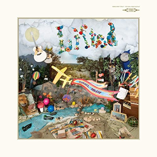 The image depicts a vinyl record cover with a vibrant, whimsical illustration. "Colorful album cover with musical instruments, toys, and objects in a fantastical landscape."