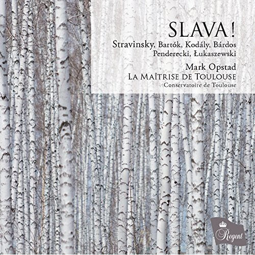 "Album cover with white birch trees and text overlay listing composers and performers."