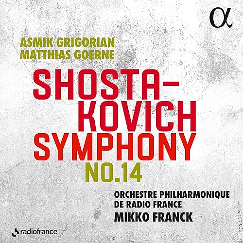 CD cover for Shostakovich's Symphony No. 14, featuring red text on a textured background.