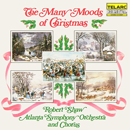 "Christmas CD cover featuring winter scenes and pink ribbons, titled 'The Many Moods of Christmas'."