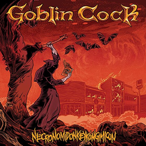 Red album cover depicting a cloaked figure raising a book amid bats and buildings.