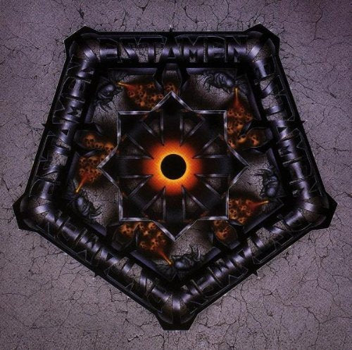 The image depicts a dark, metal pentagram with a glowing orange center on cracked ground.