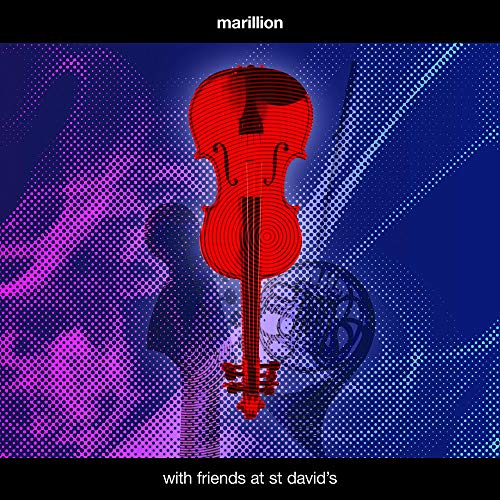 Red violin graphic with halftone background, text "with friends at st david's".