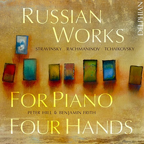 "CD cover with abstract painting and text 'Russian Works for Piano Four Hands'."