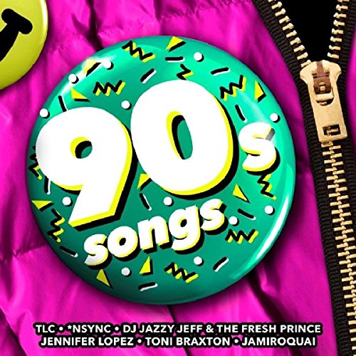 "CD cover with green badge reading '90s songs' on a pink background."