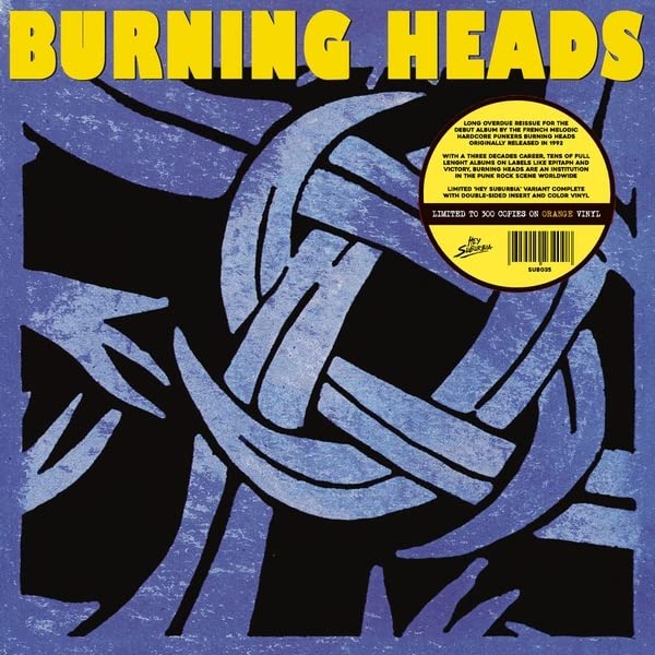 Burning Heads album cover, orange vinyl record, abstract floral design.