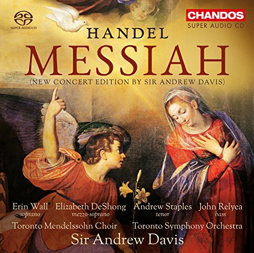 Album cover for Handel's Messiah featuring a classical painting of an angel and Mary.