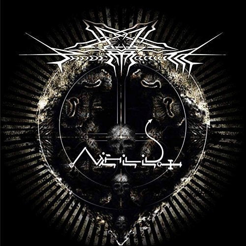 Dark album cover with white logo, circular design, and abstract, gothic imagery.