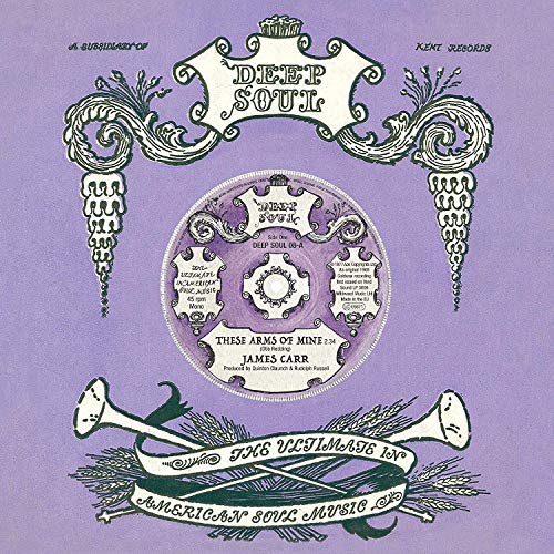 Purple vinyl record label with ornate floral designs and text: “James Carr.”
