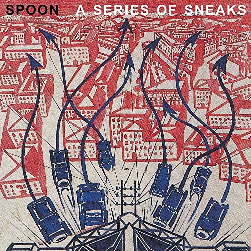 Spoon album cover: red cityscape with blue cars and white arrows.