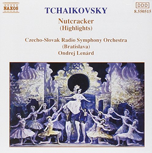 "CD cover with ballet dancers illustration and Tchaikovsky's Nutcracker text on a white background."