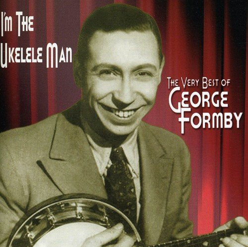 "CD cover with sepia-toned photo of George Formby holding a banjolele, red curtain background."