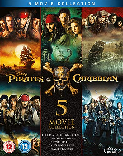 "Pirates of the Caribbean 5-movie collection Blu-ray cover featuring character collage and skull logo."