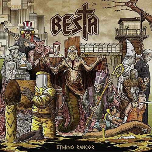 Besta album cover: detailed illustration with figures in a dystopian scene.