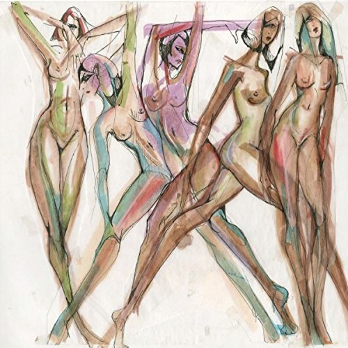 Sketch of five nude figures with outstretched arms in varying poses.
